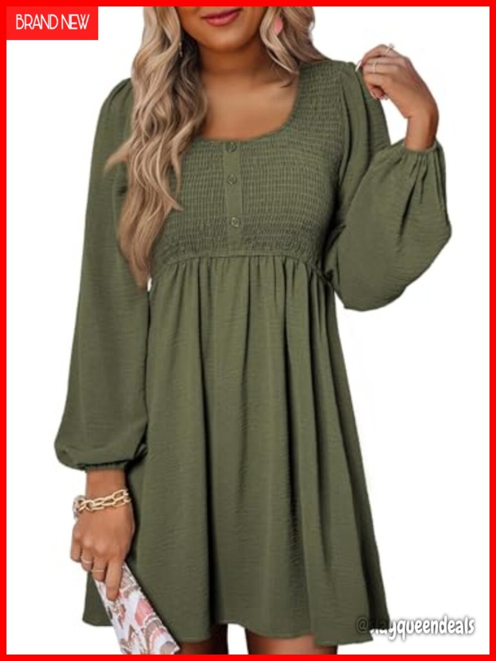 Long Sleeve Mini Dress Smocked Empire Waist A-Line Casual Flowy